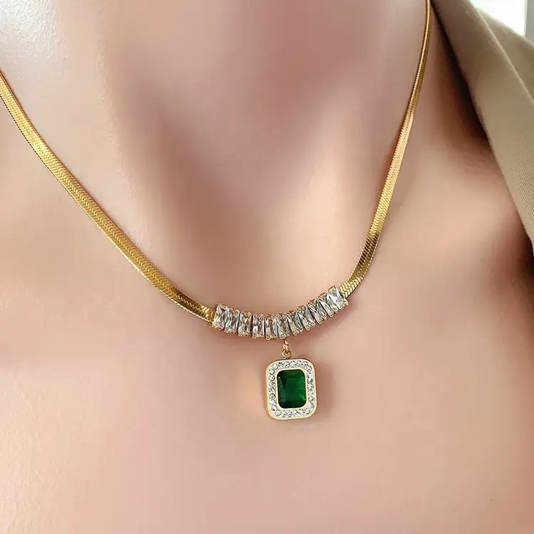 Vintage Gold Plated Green Emerald Stone Necklaces